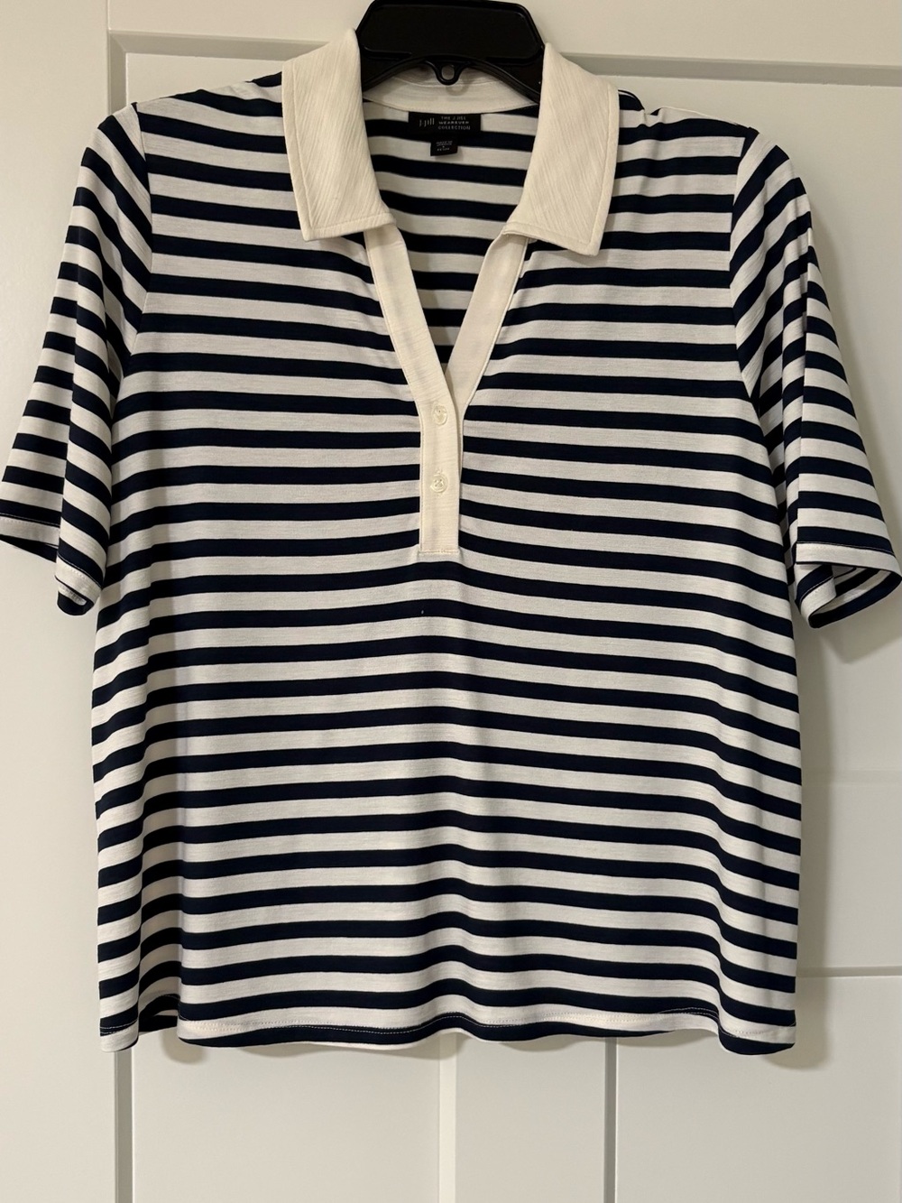 J. Jill Navy and Cream Striped Polo Shirt with Cream Collar Women’s